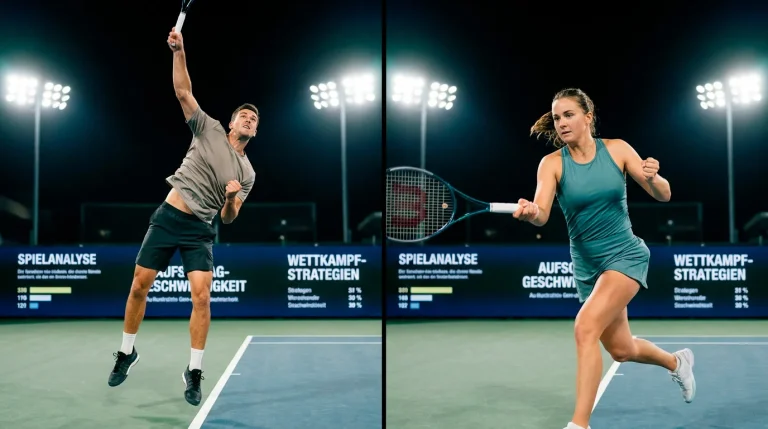 Tennisschläger und Bälle auf einem geteilten Platz als Symbol für ATP- und WTA-Vergleich