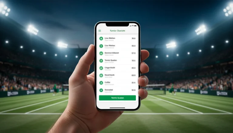 Bester Buchmacher für Tennis Wetten — Smartphone mit Wett-App vor einem beleuchteten Tennisplatz bei Nacht