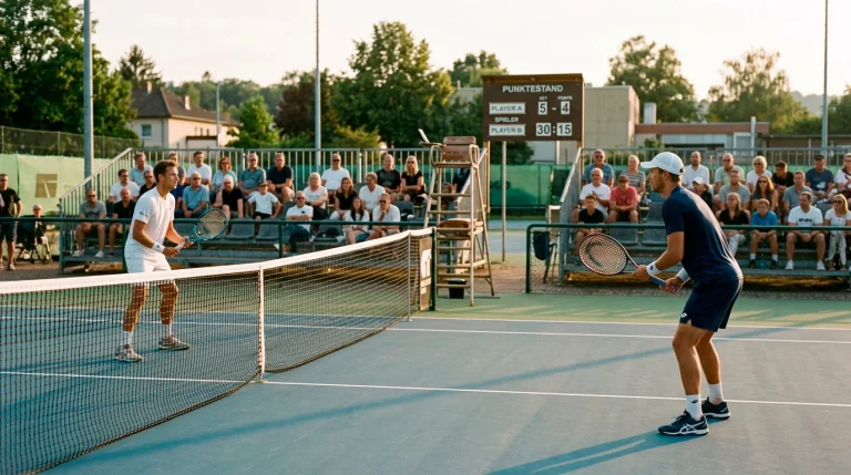 Kleiner Tennisplatz eines Challenger-Turniers mit wenigen Zuschauern