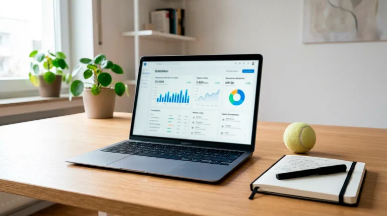 Geöffneter Laptop mit Tennisstatistiken und Datenbank-Oberfläche