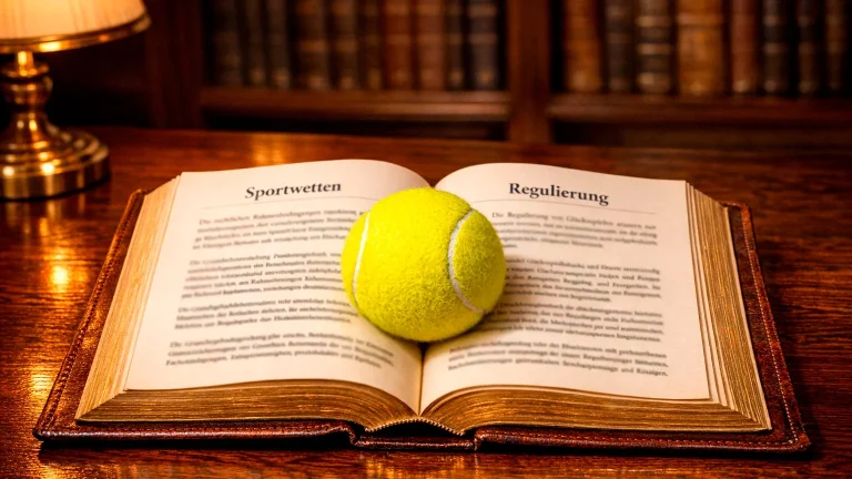 Deutsches Gesetzbuch neben einem Tennisball als Symbol für die Wettregulierung