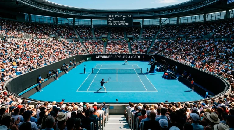Großer Tennisplatz in einem voll besetzten Grand-Slam-Stadion bei Sonnenschein