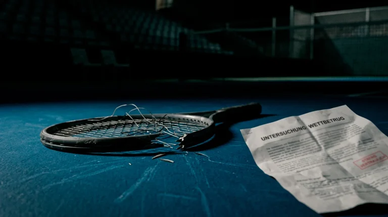 Zerbrochener Tennisschläger auf einem dunklen Platz als Symbol für Spielmanipulation