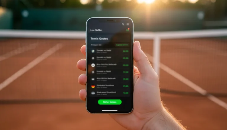 Smartphone mit Tennis-Wett-App in der Hand vor einem Tennisplatz