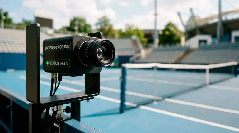Hochmoderne Kamera am Tennisplatz als Symbol für die Tracking-Technologie hinter den Wettmärkten