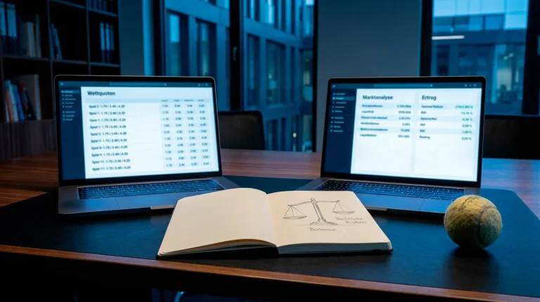 Zwei Laptopbildschirme mit unterschiedlichen Quoten als Symbol für Tennis-Surebets und Arbitrage