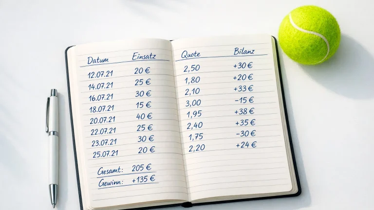 Notizbuch mit handgeschriebener Einsatzplanung neben einem Tennisball