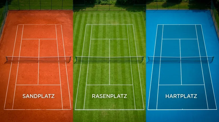 Drei Tennisplatz-Beläge nebeneinander: Sandplatz, Rasen und Hartplatz