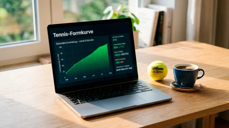 Aufgeschlagener Laptop mit Tennisstatistiken und Formkurve-Diagramm