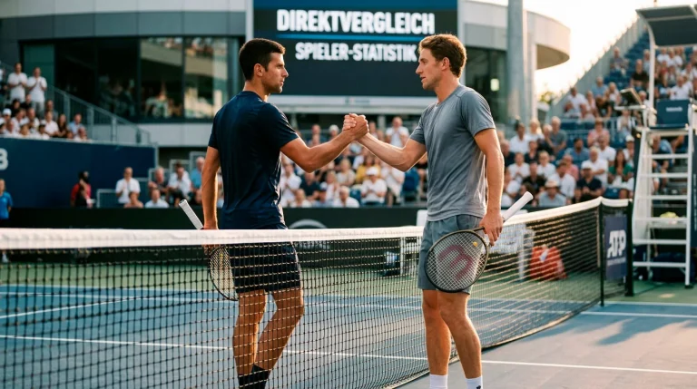 Zwei Tennisspieler stehen sich am Netz gegenüber als Symbol für den Direktvergleich