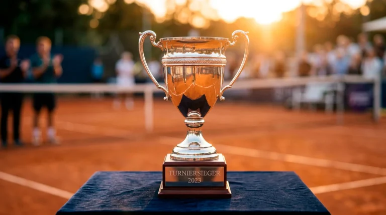 Tennispokal auf einem Podest mit unscharfem Tennisplatz im Hintergrund
