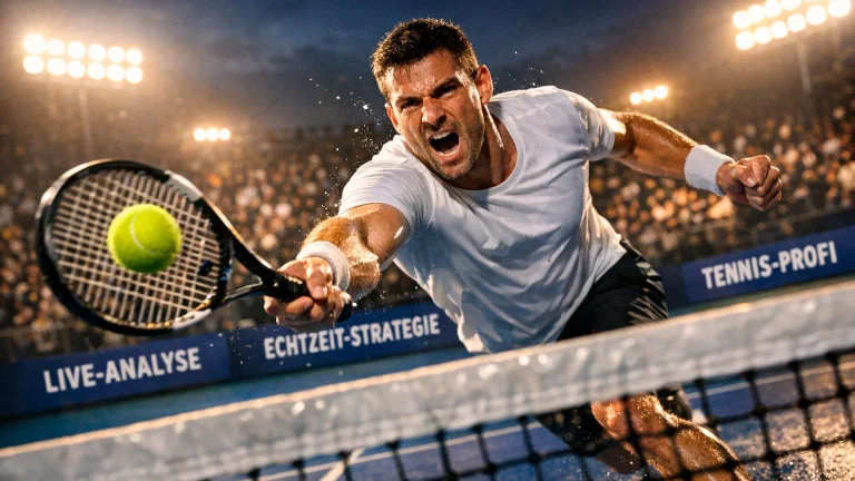 Tennis Live Wetten Strategie — Spieler am Netz während eines In-Play-Matches mit dynamischer Beleuchtung