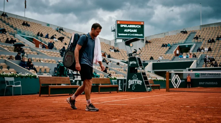 Tennisspieler verlässt den Platz mit Handtuch über der Schulter nach einem Spielabbruch