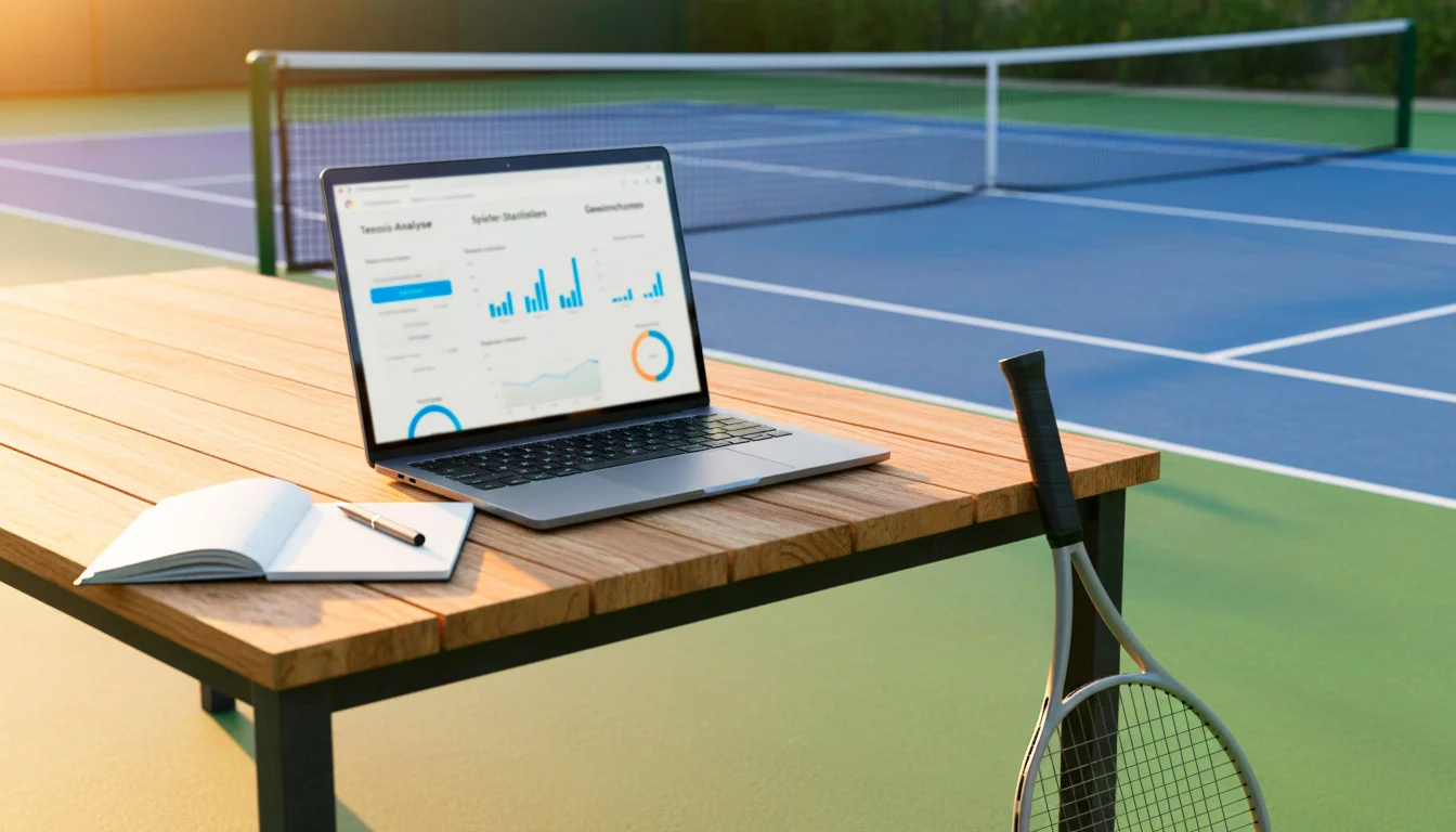 Tennis Sportwetten Tipps — Datenanalyse auf einem Laptop neben einem Tennisplatz