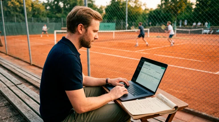 Tennis Value Bets finden — Sportwetten-Analyst studiert Tennisstatistiken auf einem Notebook neben dem Court