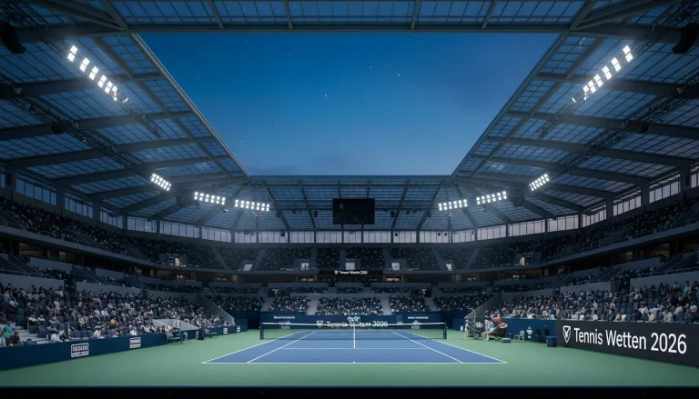 Futuristischer Tennisplatz bei Nacht mit moderner Beleuchtung als Symbol für die Zukunft der Wetten