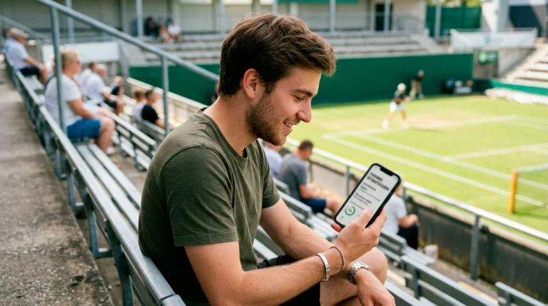 Tennis Wetten für Anfänger — junger Zuschauer verfolgt aufmerksam ein Tennismatch von der Tribüne