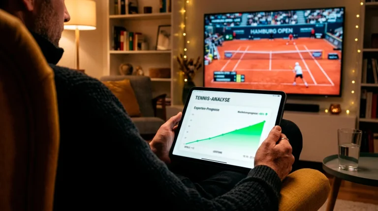 Person analysiert Tennisdaten auf einem Tablet für eine fundierte Wettprognose