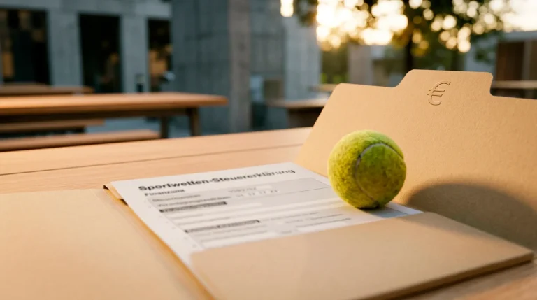 Dokumentenmappe mit Steuerformular und Tennisball als Symbol für Sportwetten-Steuern