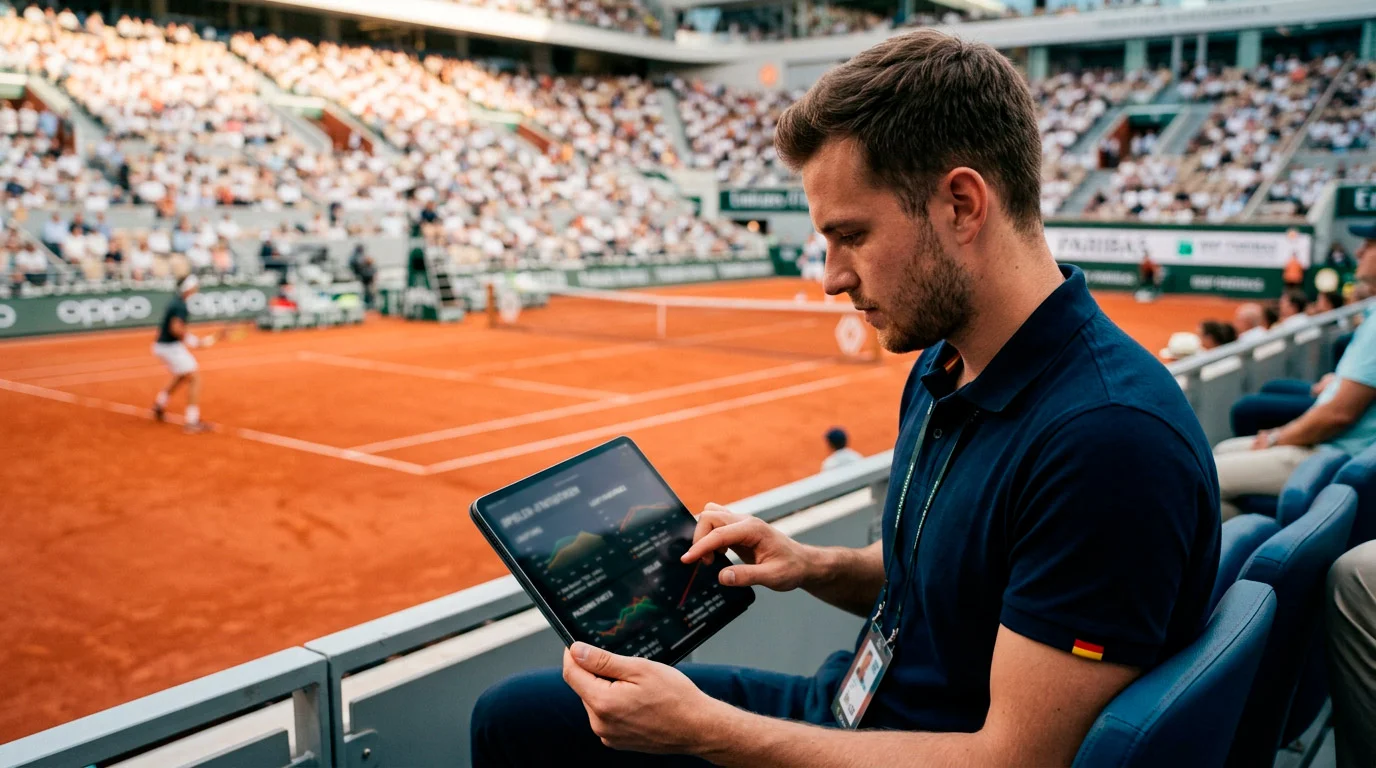 Tennis Wetten Strategie — Spieler analysiert Statistiken auf einem Tablet am Spielfeldrand