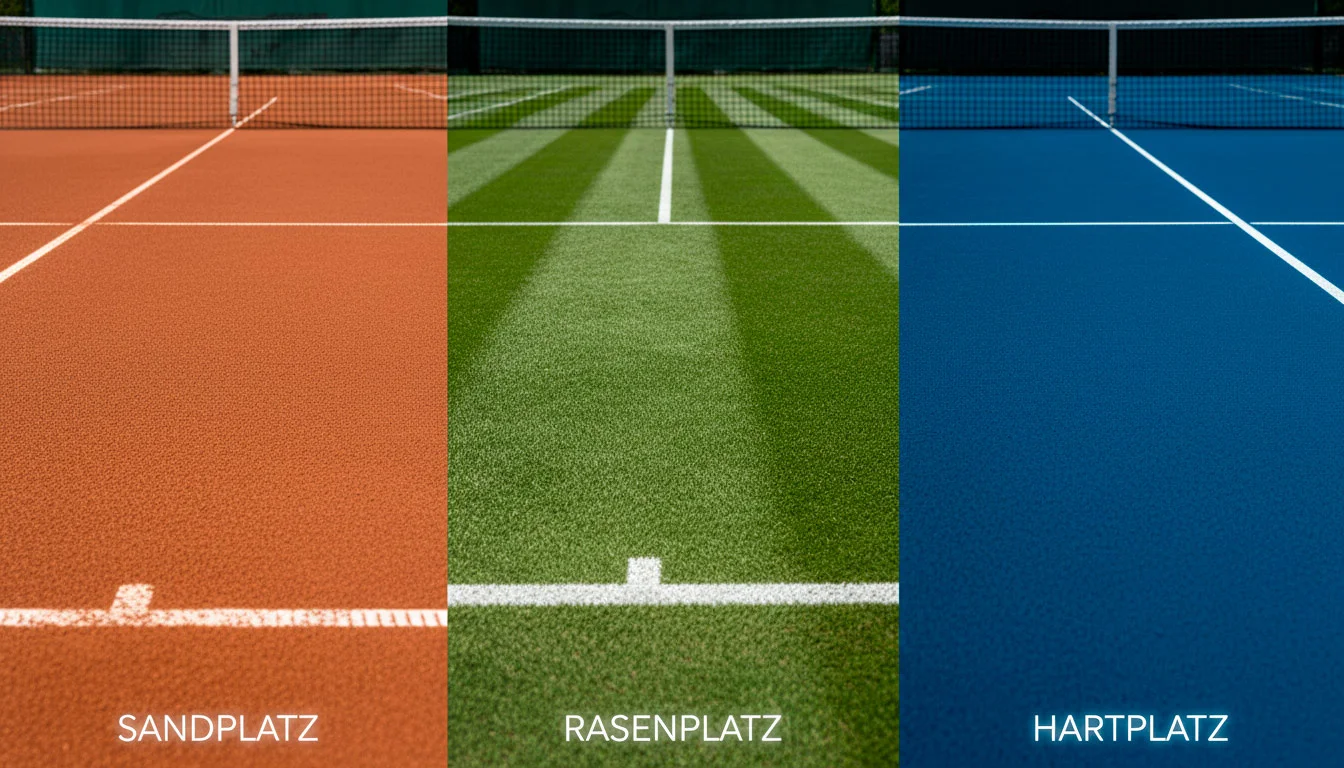 Drei Tennisplatz-Beläge nebeneinander — Sandplatz, Rasenplatz und Hartplatz